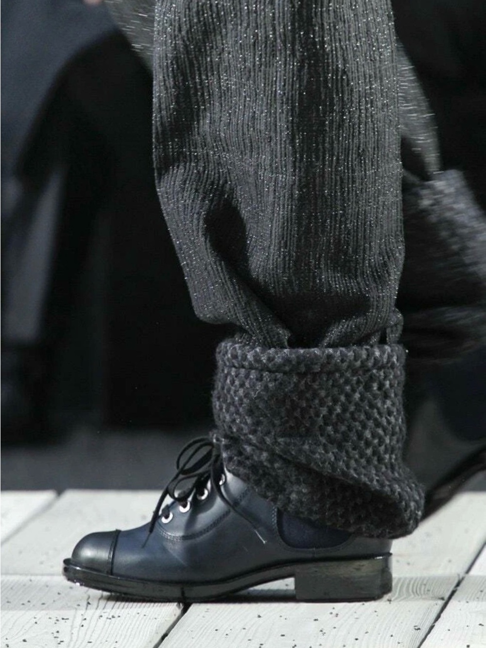 Auth Chanel Black Navy Blue Tweed combat Boots Socks Boots 39 Women